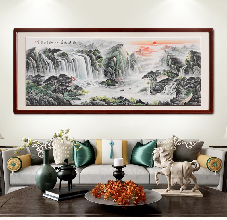 尚得堂手绘国画山水画客厅装饰画源远流长风景画聚宝盆靠山图办公室