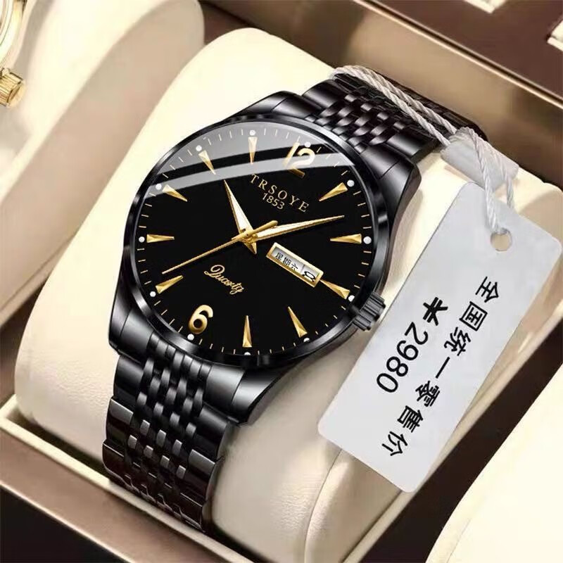 trsoye手表男超薄时尚商务防水男士手表休闲夜光双日历男表新款石英表