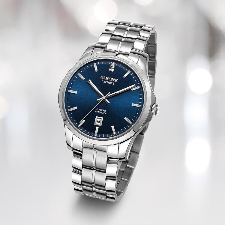 雷诺rarone手表男士手表全自动机械男表夜光日历商务时尚腕表银面银钉