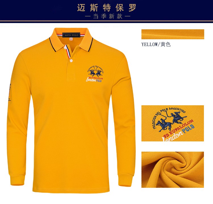 美国保罗品牌男装纯棉马球t恤男长袖名牌polo衫中年商务休闲上衣白色