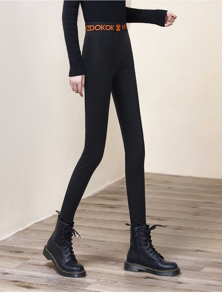 丝柏舍2020冬季新款女士印花高腰弹力加绒打底裤简约拼接休闲裤 黑色