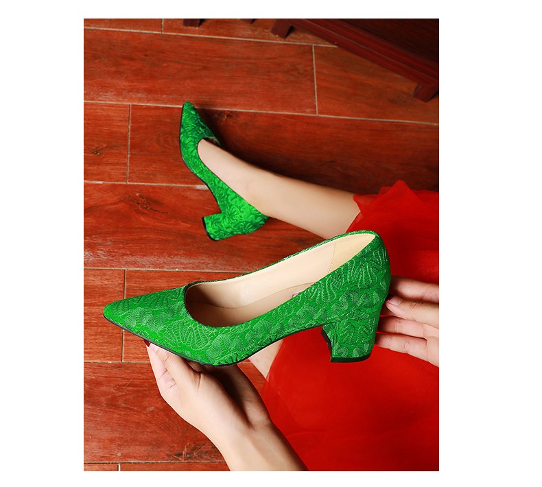 奈驷 绿鞋婚鞋女绿色中式结婚鞋子粗跟细跟新娘鞋孕妇低跟秀禾单鞋