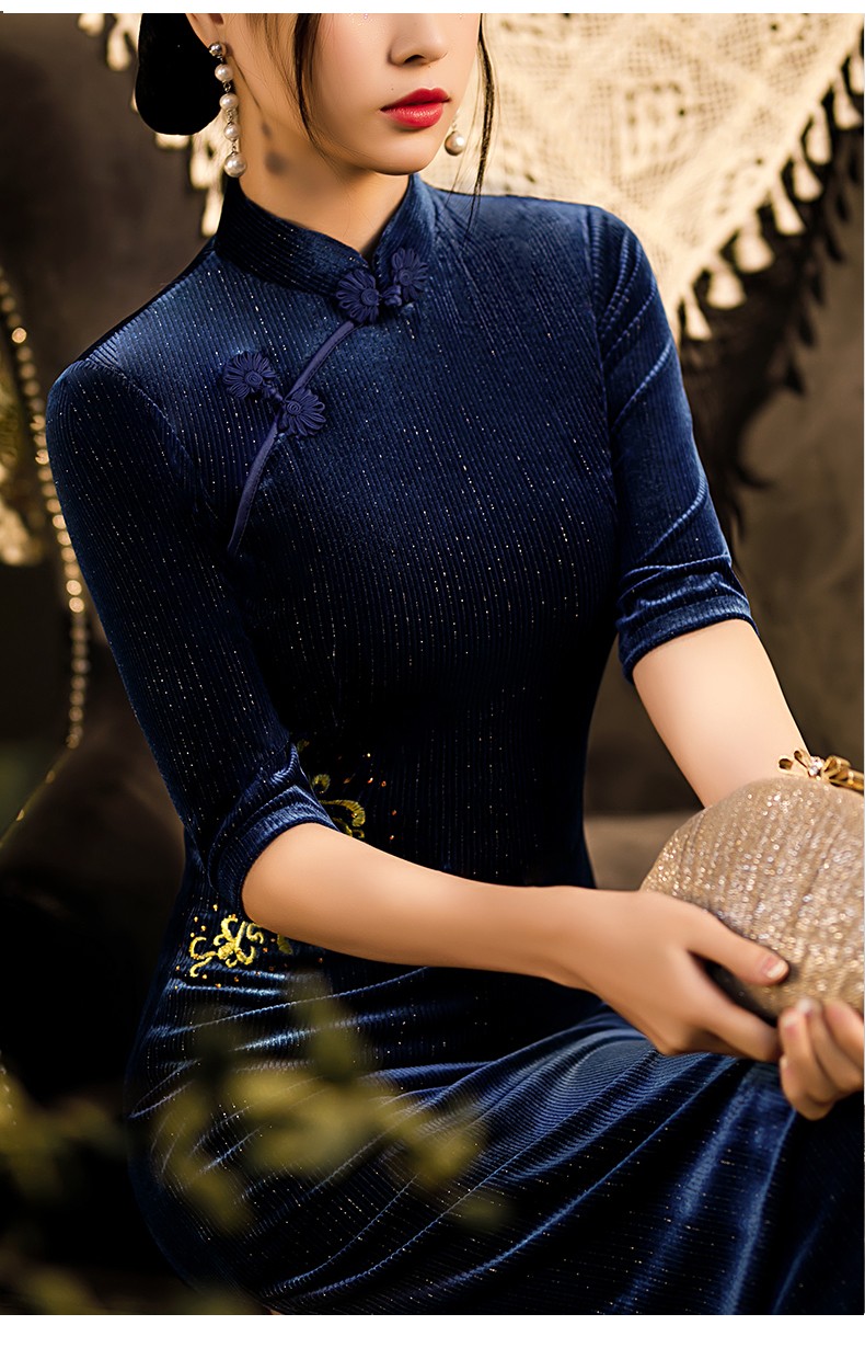 欧迪鸟品牌女装旗袍长袖秋冬新款宴会气质名媛显瘦丝绒改良版年轻款