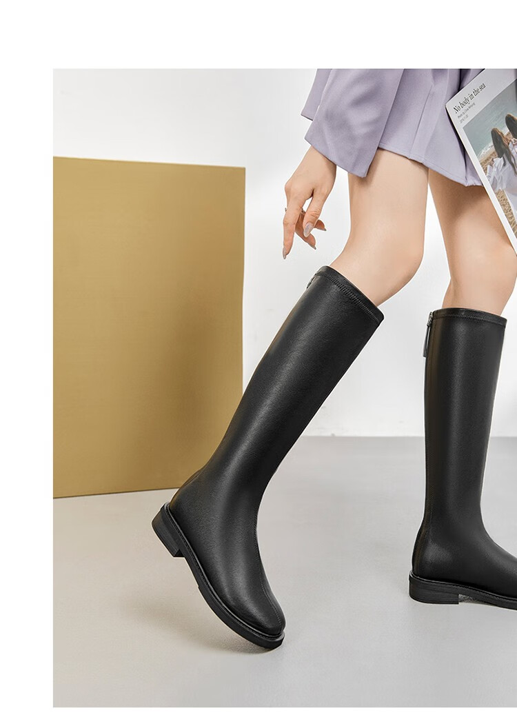 卓诗尼长筒靴女2022年秋冬新款英伦风骑士靴时尚粗跟女靴子高筒靴加绒