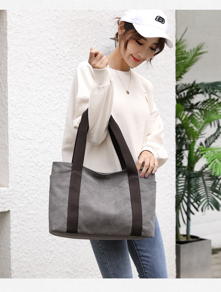 fgacct帆布包女休闲单肩手提大容量帆布兜布袋纯色简约大学生上课书包