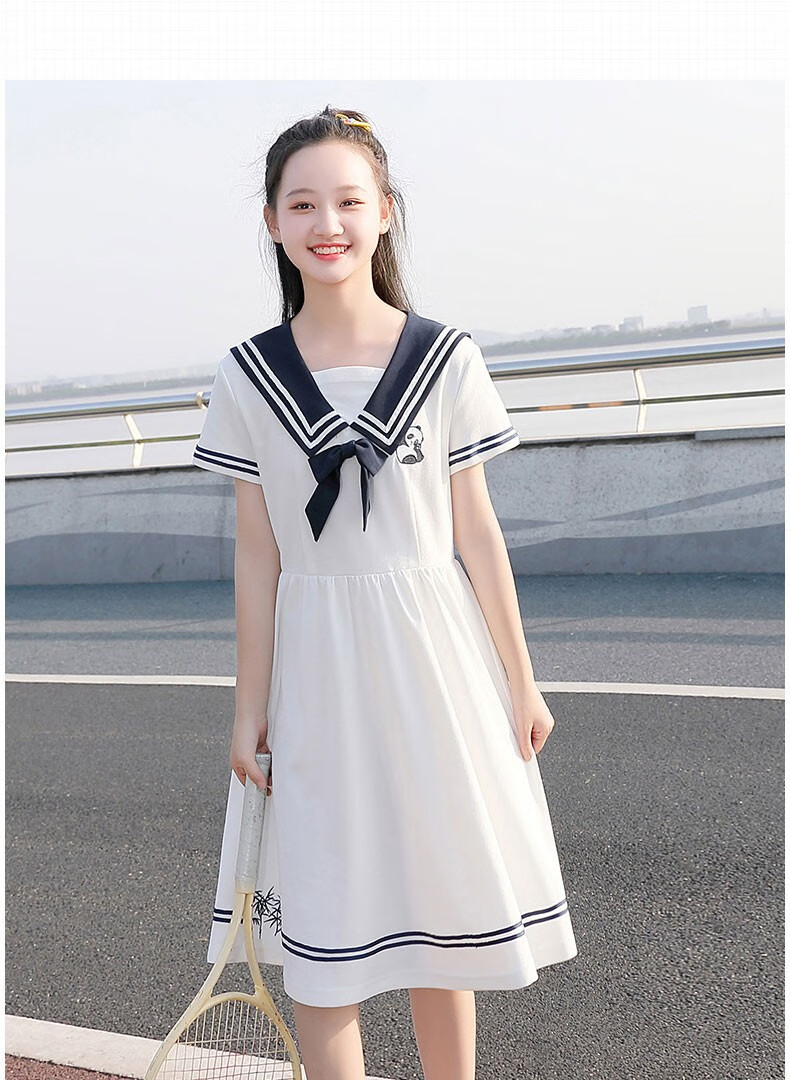 大童少女连衣裙女初中学生日系海军风裙子小学生夏装学院风裙子白色
