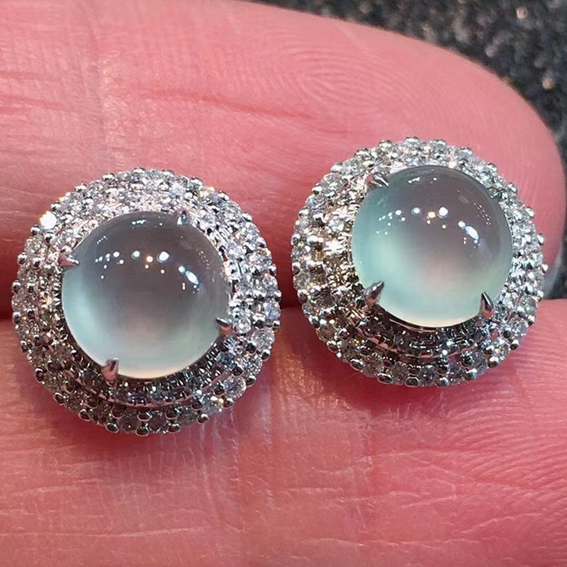 源头翡翠高冰鸽子蛋耳钉18k金镶嵌珠宝首饰耳坠缅甸天然a货翡翠冰种