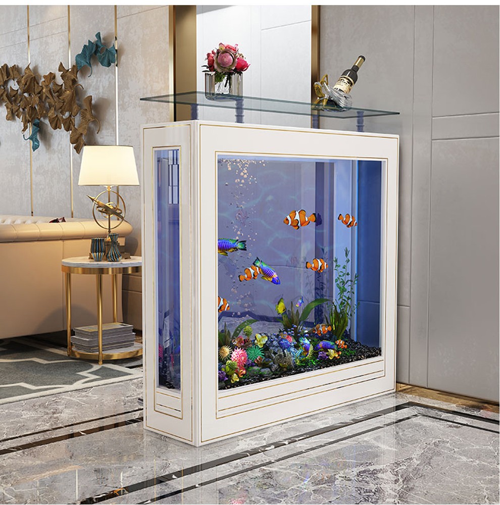 水族箱客厅大型屏风12米仿红木纹屏风极简轻奢鱼缸客厅隔断金鱼缸小