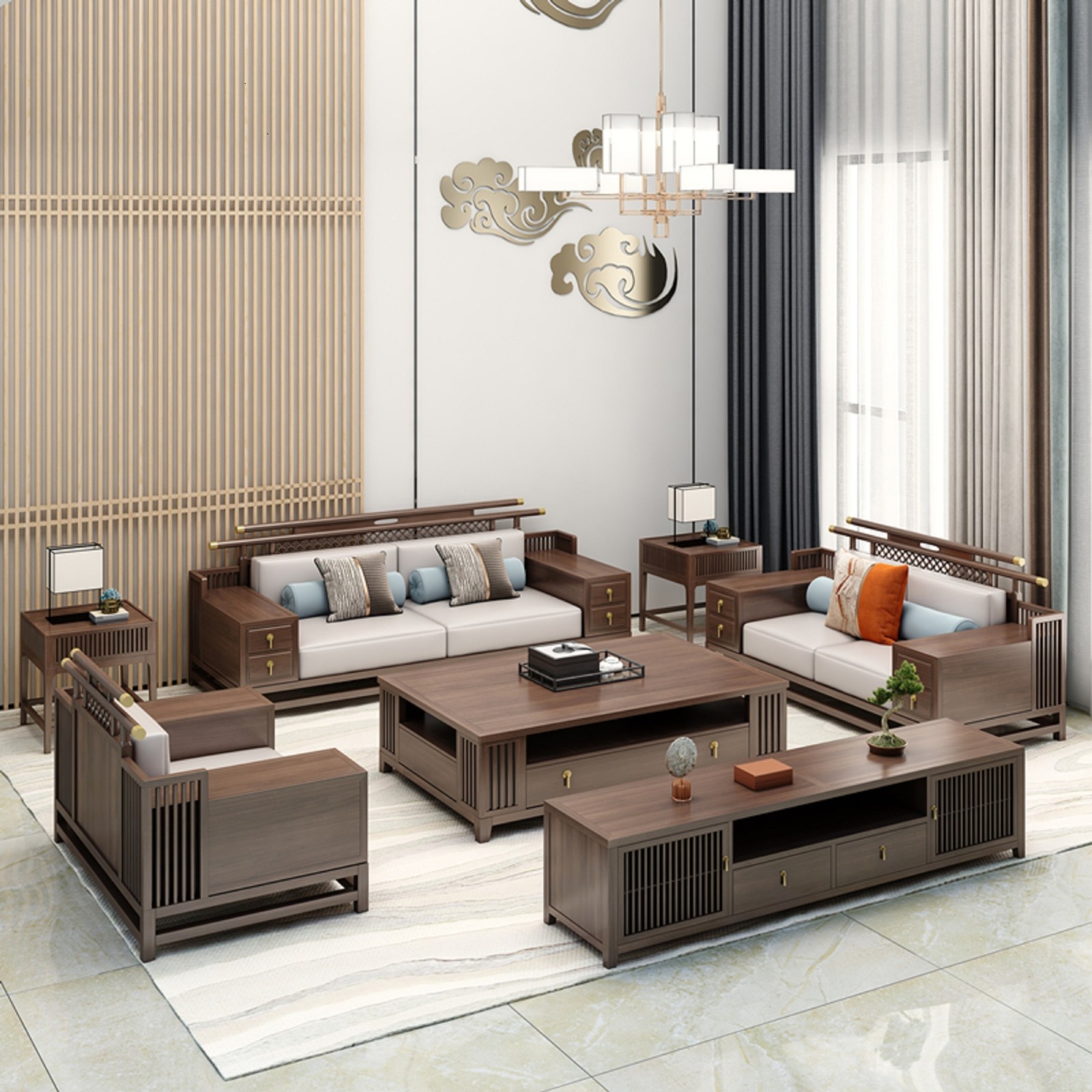 晶汇峰新中式乌金木全实木官帽沙发皮质禅意现代简约高档轻奢别墅客厅