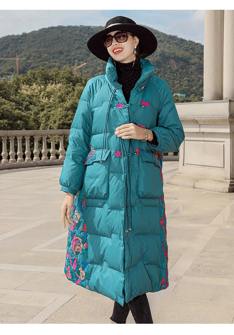 歌珀莱品牌女装重工刺绣羽绒服女2021冬季新款时尚气质白鸭绒绣花中长