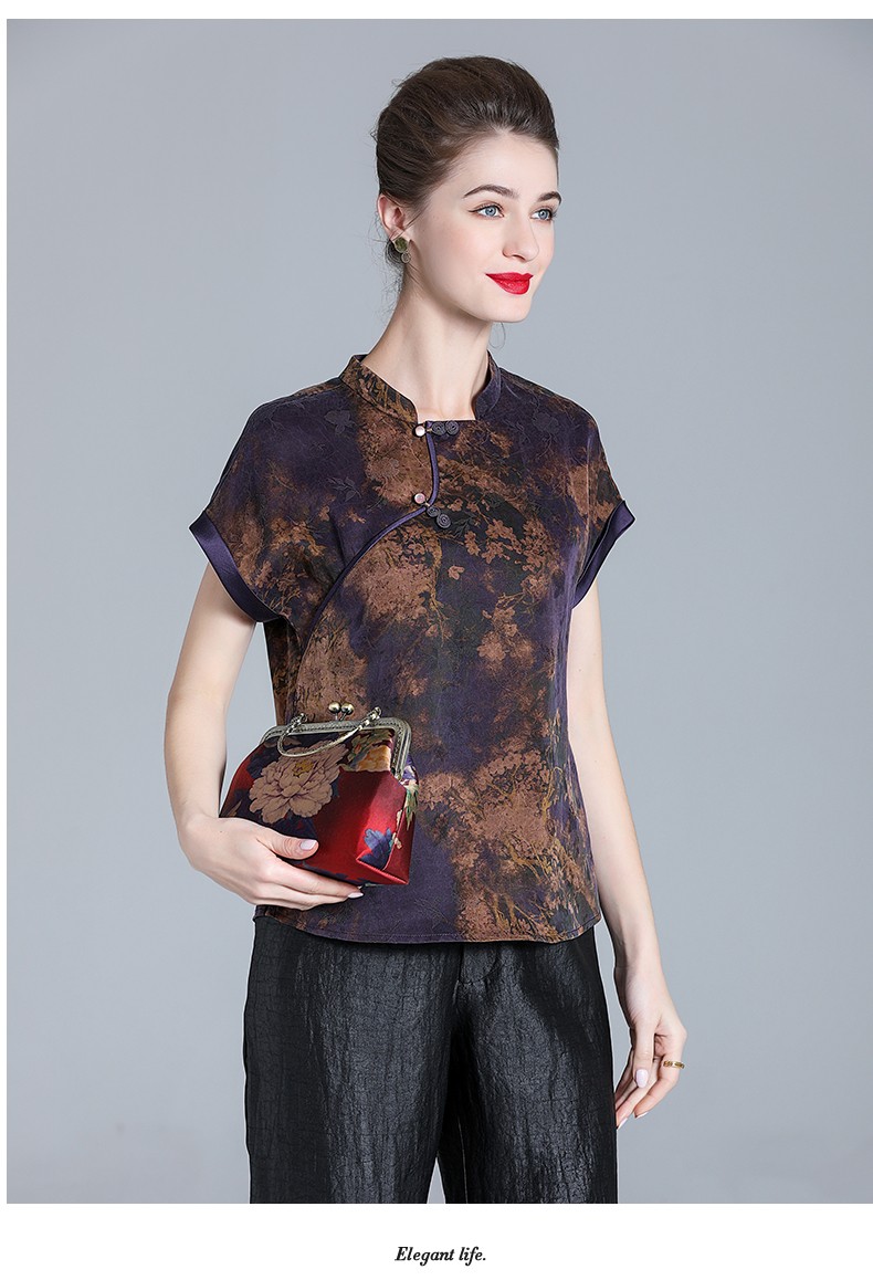 衣路香随杭州花罗真丝香云纱上衣女中老年妈妈宽松显瘦高端衬衫夏咖色