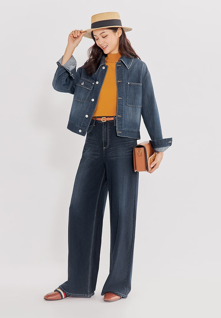 【哥弟a100066】哥弟女装高腰宽腿弹力棉牛仔裤女阔腿休闲裤a100066