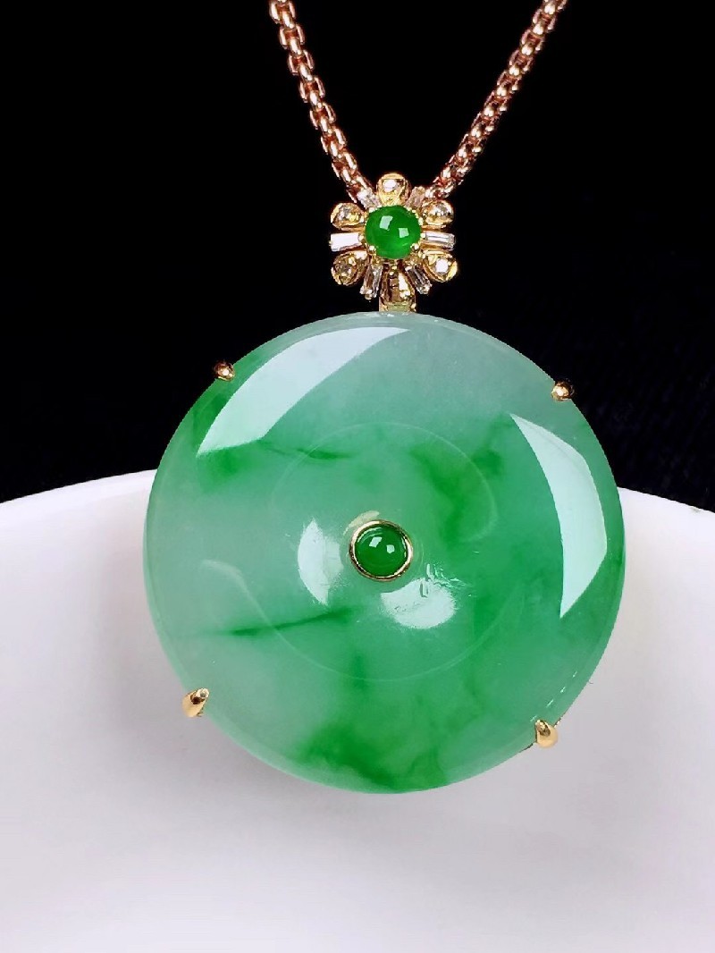 发源地冰飘彩平安扣吊坠18k金镶钻缅甸a货翡翠玉石珠宝送女友整体