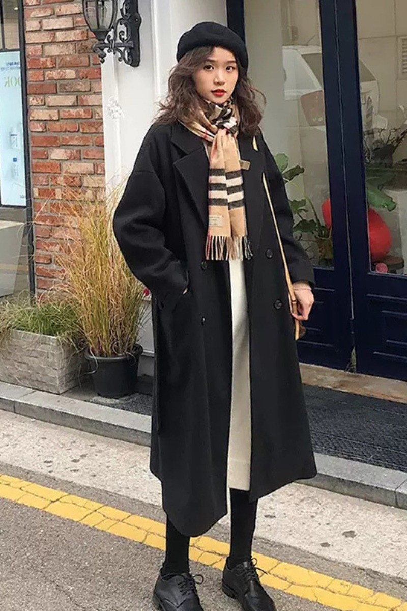 风呢子外套女2020秋冬季新款韩版大衣中长款加厚百搭显瘦杏色配腰带s