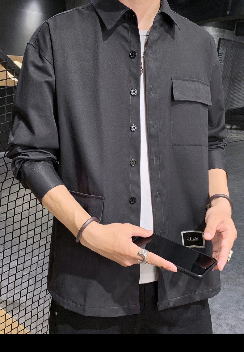 衬衫男士2020秋季新款韩版修身时尚潮流青年学生纯色休闲纯棉男装衣服
