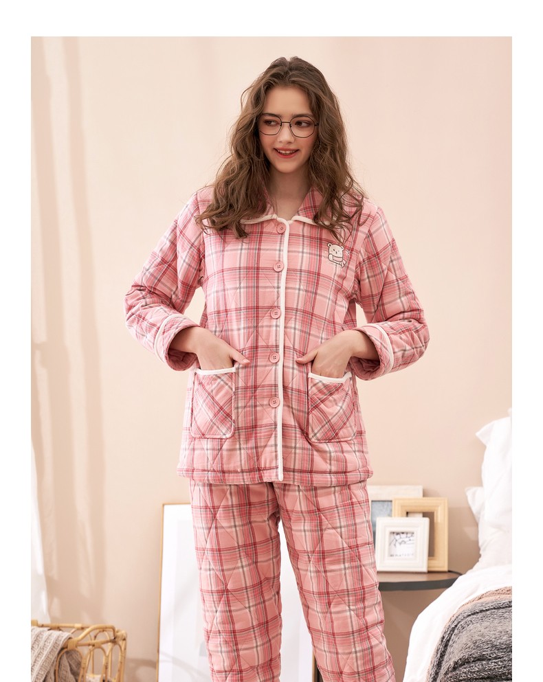 秋鹿冬季三层夹棉格子情侣家居服男士纯棉加厚保暖睡衣女秋冬简约格纹