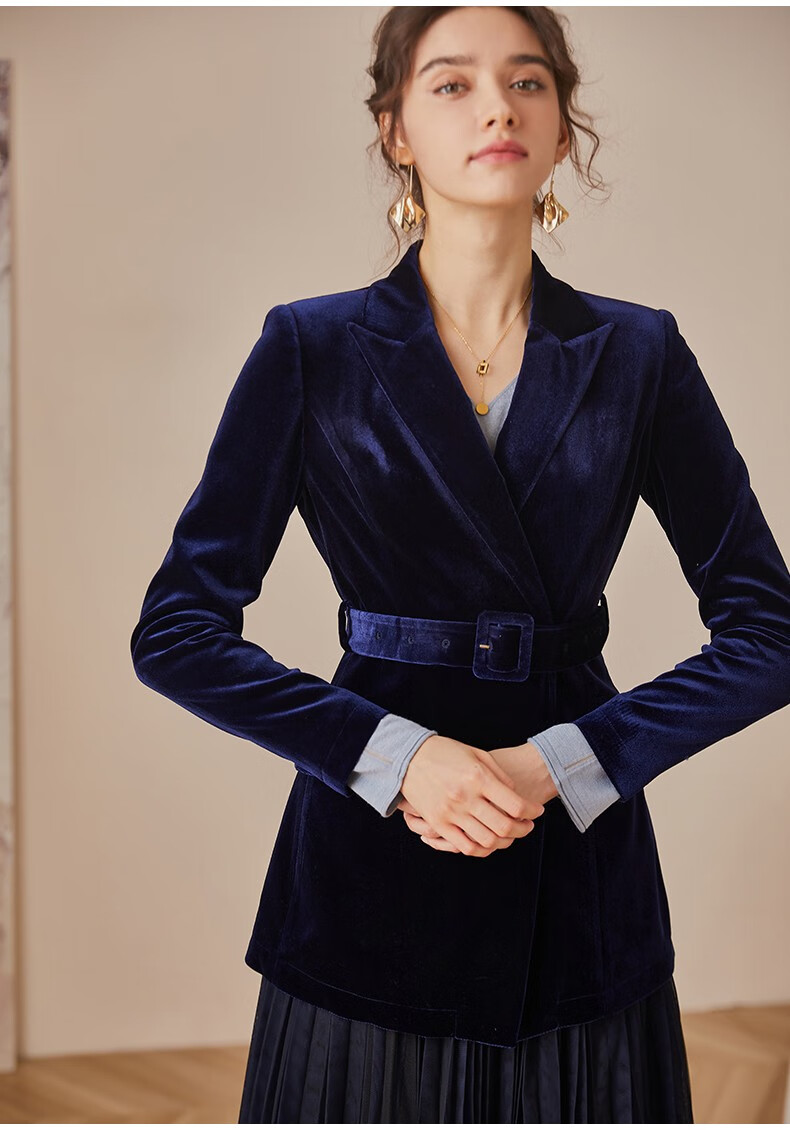 伊斯莉轻奢品牌气质丝绒西装外套女2020冬装新款通勤深蓝色天鹅绒西服