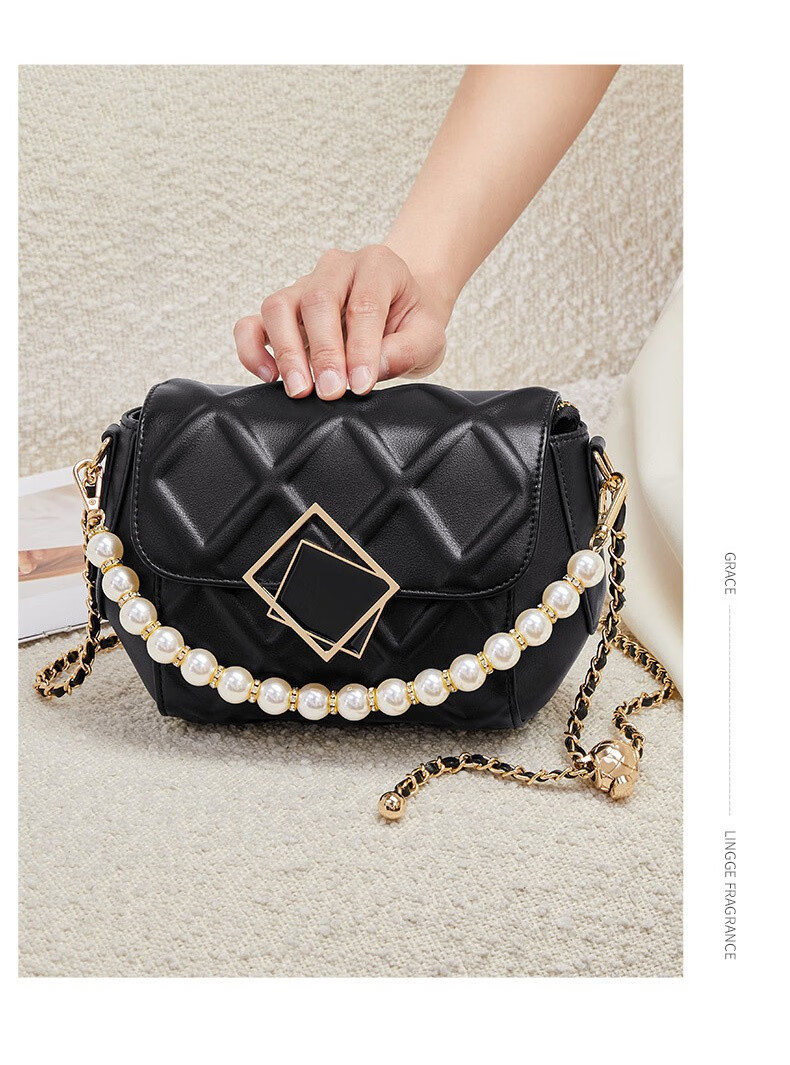 劳斯尼亚(rollsnea)单肩包女新款小金球菱格斜挎包百搭珍珠链条包生日