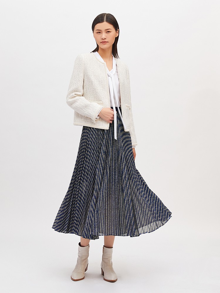 哥弟女装2021春季新款复古金葱中长款斜纹百褶裙半身裙女士a200129 蓝