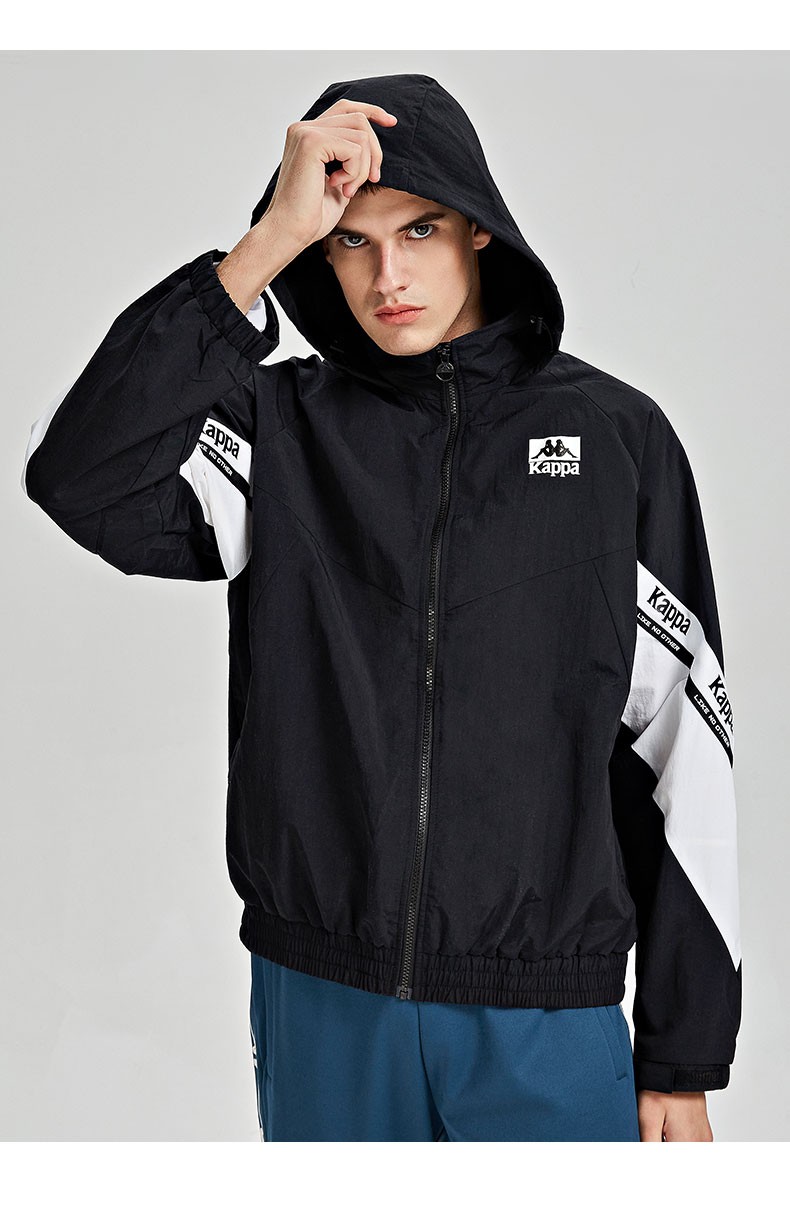 kappa卡帕防风衣男梭织外套休闲连帽开衫卫衣拼接长袖k0b12fj02d黑色