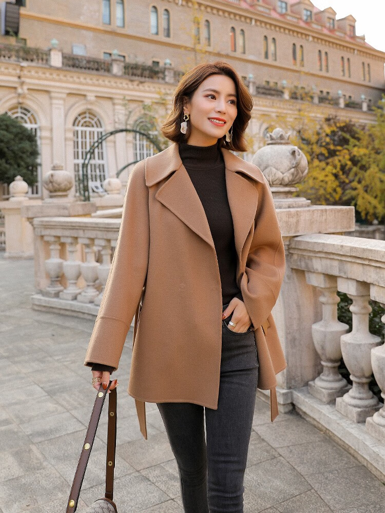 bird)品牌驼色双面羊绒大衣女短款修身2020冬新款羊毛女神范毛呢外套