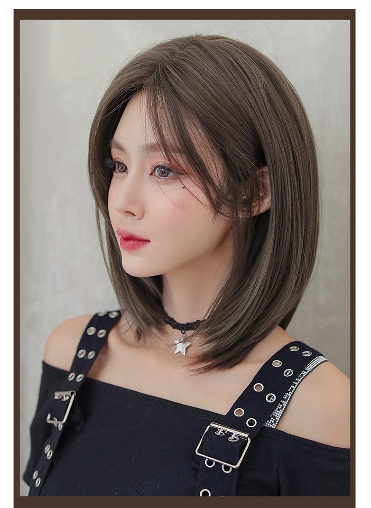 天使丝丝假发女假发短发假发中分直发锁骨发假发全头套黑茶色39cm