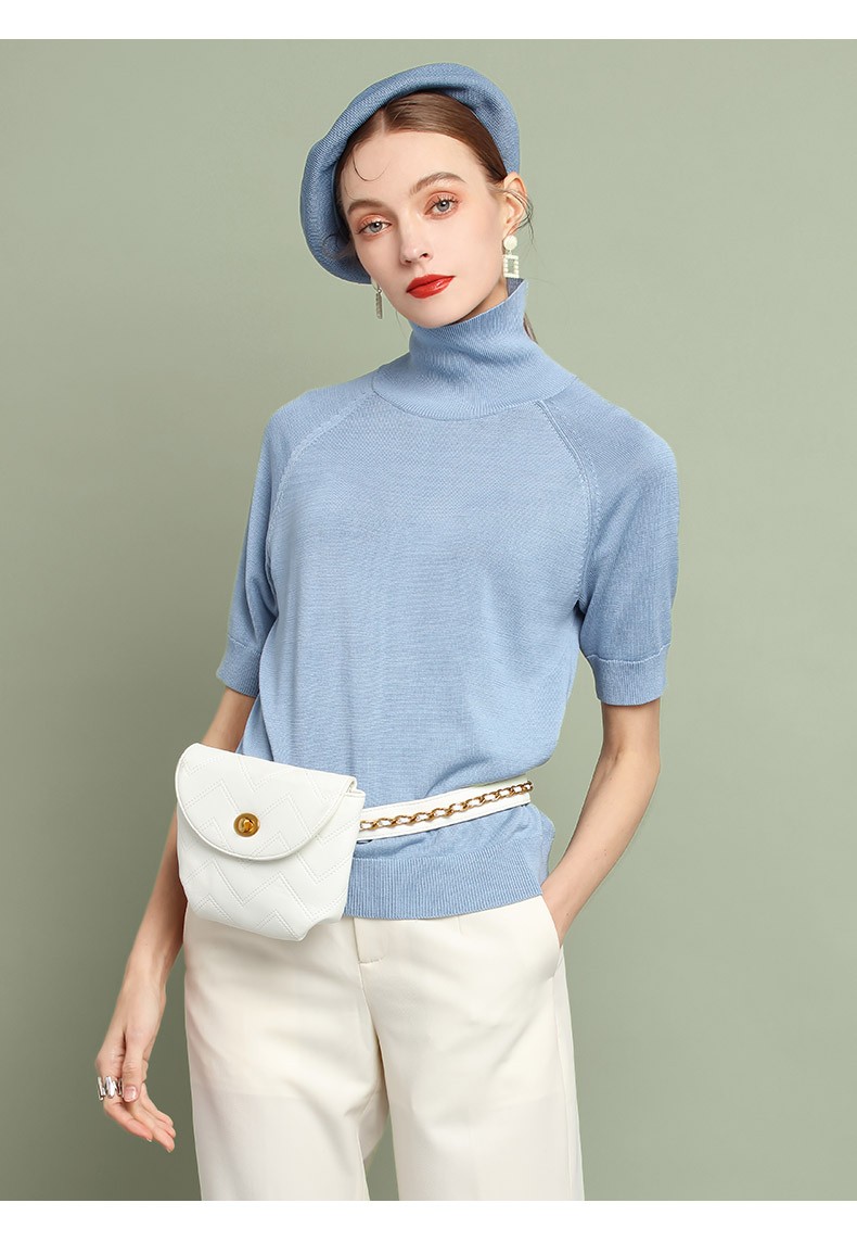 皮皮狗 2021年夏季新品 两翻领插肩袖女套衫中袖桑蚕丝打底衫针织衫