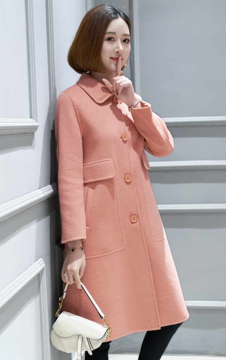 珂曼苏品牌女装年双面呢大衣毛呢子尼外套妮子中长小个子女装玫粉色l
