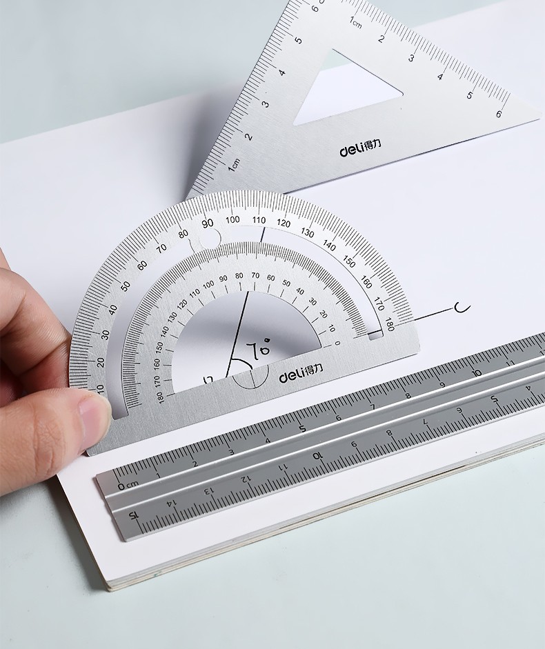 得力金属套尺学生考试绘图文具套装15cm直尺三角尺量角器画画工具多