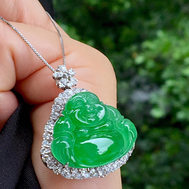 月亮翡翠 阳绿玉佛翡翠吊坠缅甸天然翡翠男女款玉坠珠宝项链挂件玉佩