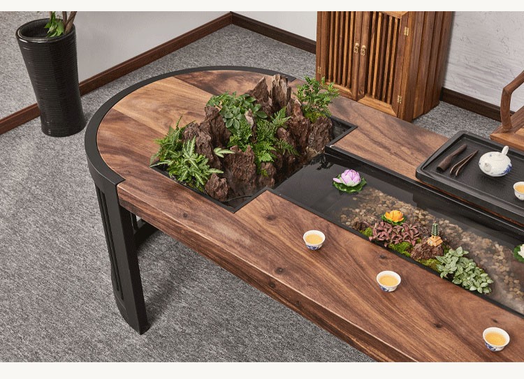 梦佳家画 小桥流水茶桌新中式禅意养鱼循环流水茶台原生态实木创意