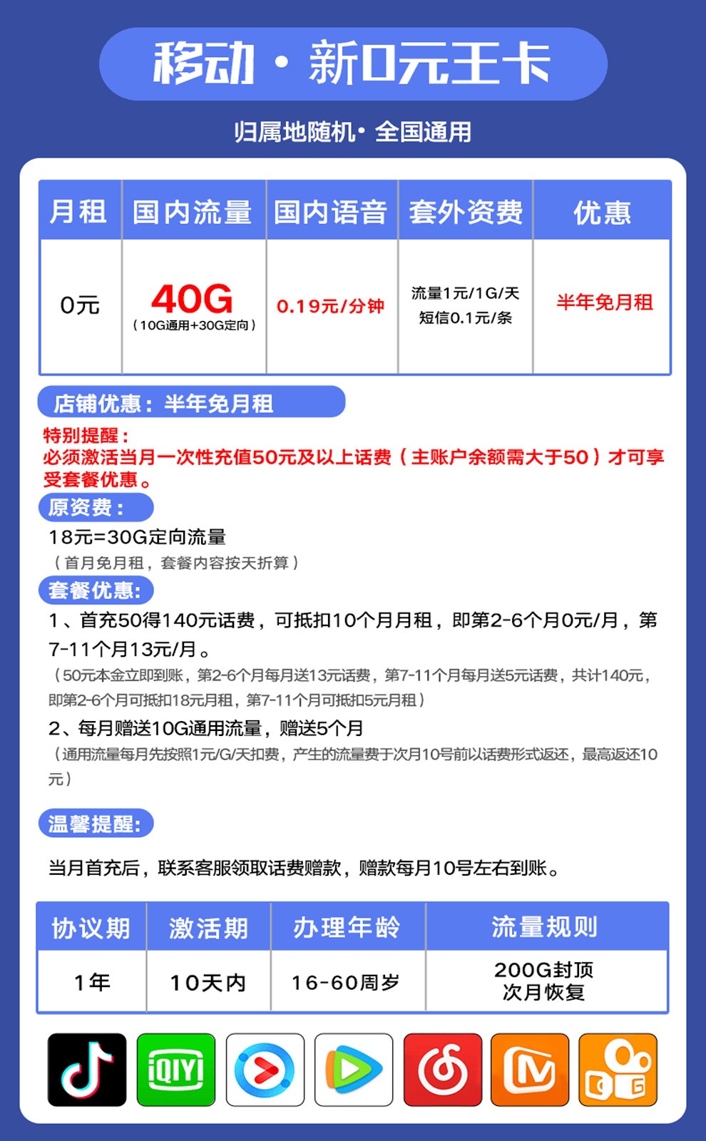 中国移动 移动手机卡流量卡大王卡无限流量卡不限4g流量上网卡全国