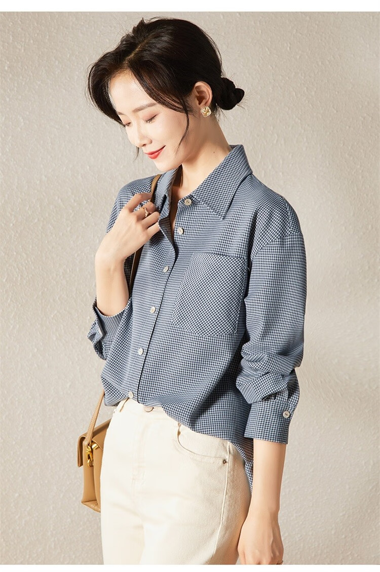 娅丽达衬衫女秋冬2022新款设计感千鸟格上衣宽松休闲格子衬衣 蓝色 m