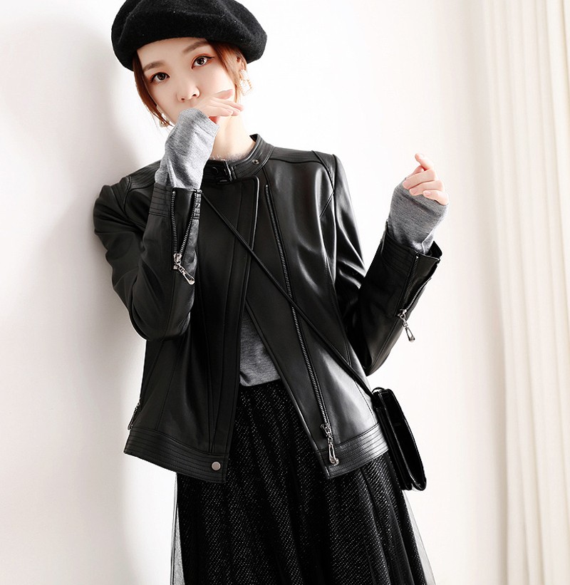 miss塔驰密司女装 2020秋冬帅气质感头层小羊皮小立领冷酷机车皮衣女