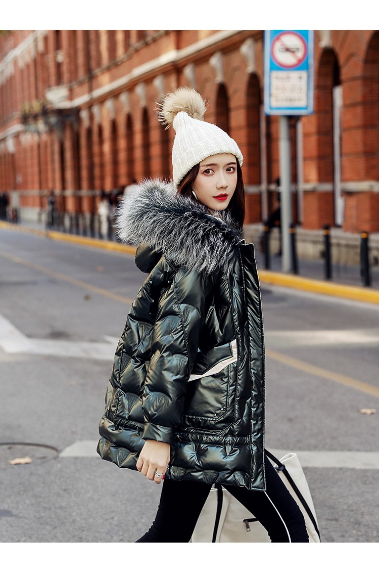 羽绒服中长款2020冬季新韩版时尚亮面加厚保暖白鸭绒毛领外套 森林绿