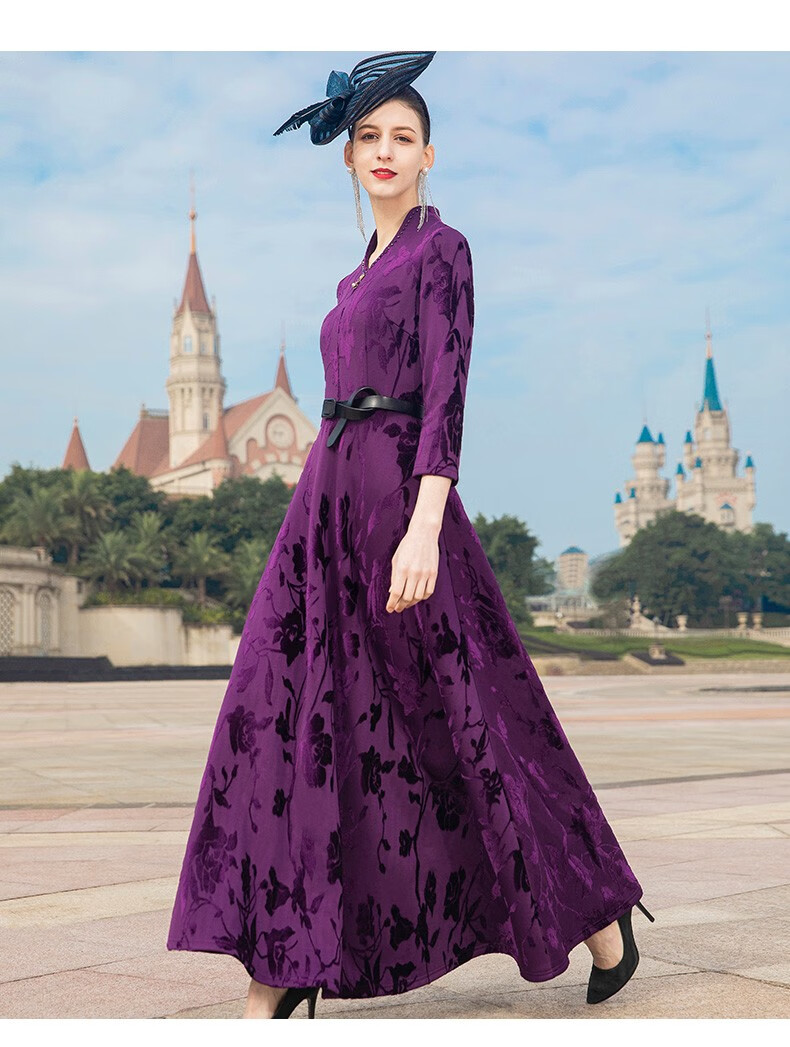 帝弗润驰新款连衣裙高端洋气紫色过膝长裙加绒打底裙复古大摆裙紫色m