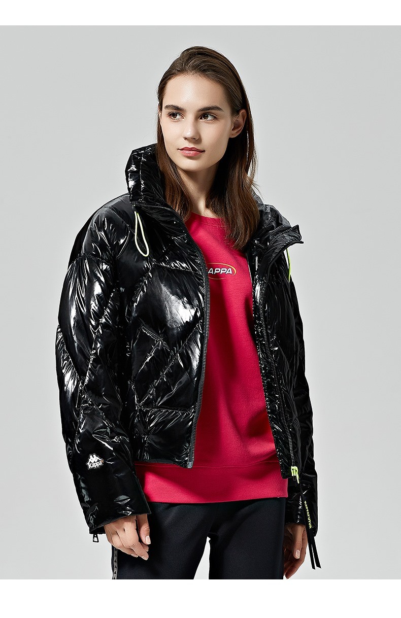 kappa卡帕亮面羽绒服新款冬季女短款面包服防寒服k0a82yy81g麦卡其