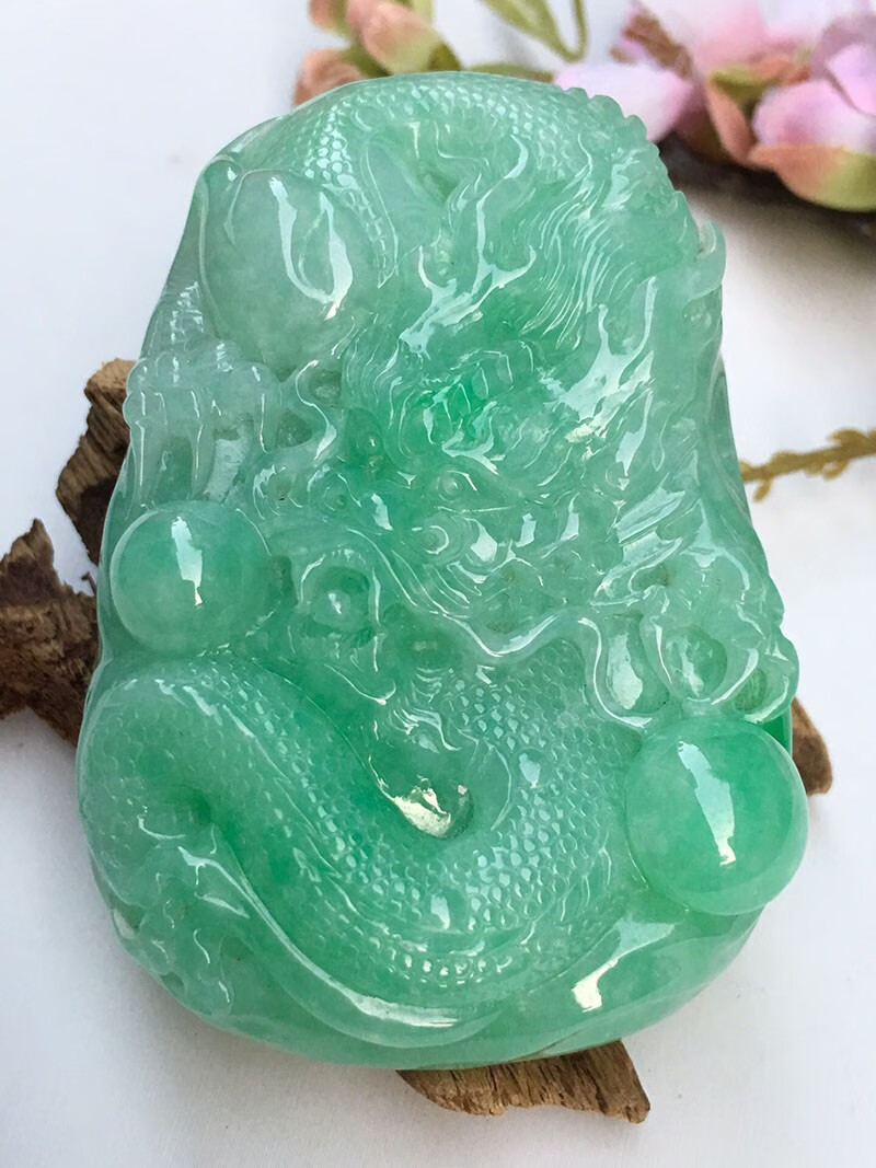 源头翡翠 翡翠满绿龙牌吊坠缅甸天然翡翠玉石挂件珠宝首饰项链玉佩