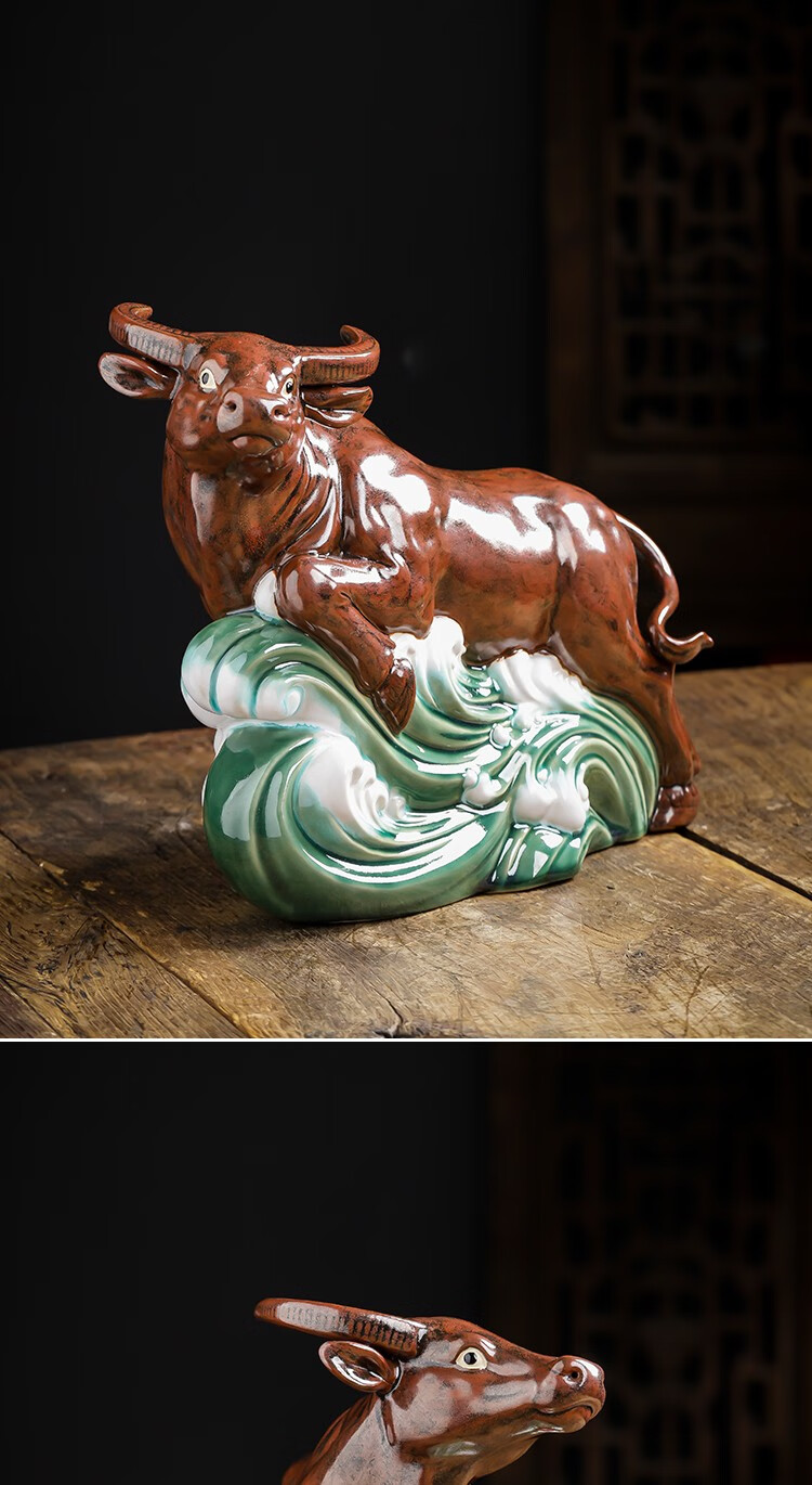 瓷意静石湾公仔陶瓷十二生肖牛摆件招财牛公司企业乔迁礼品工艺品瓷器