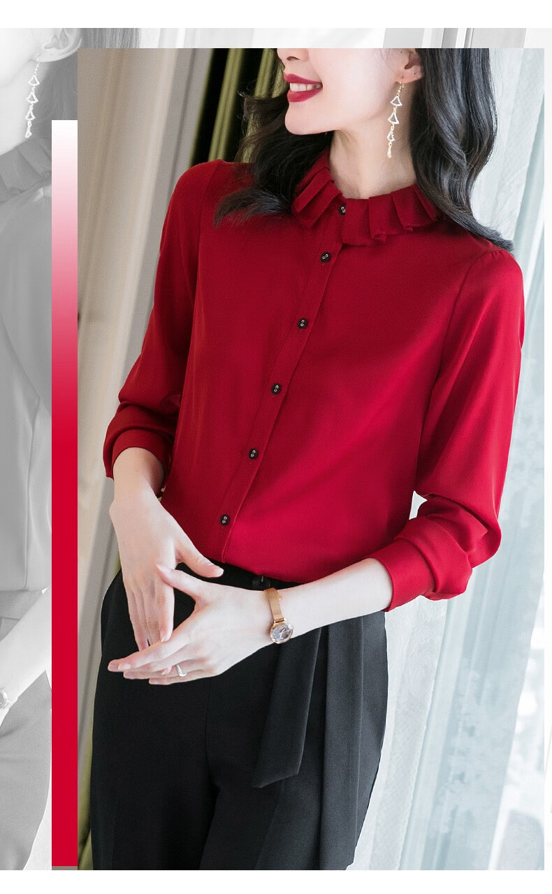 歌珀莱品牌女装红色重磅真丝衬衫女长袖2020秋冬新款时尚翻领简约百搭