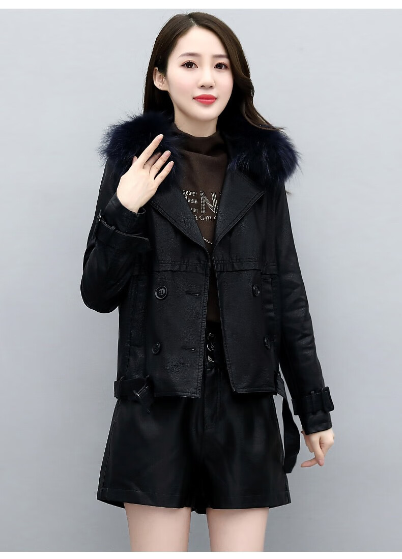 诺诚卉 皮衣女短款加绒加厚2020冬季新款大毛领pu皮短外套韩版修身