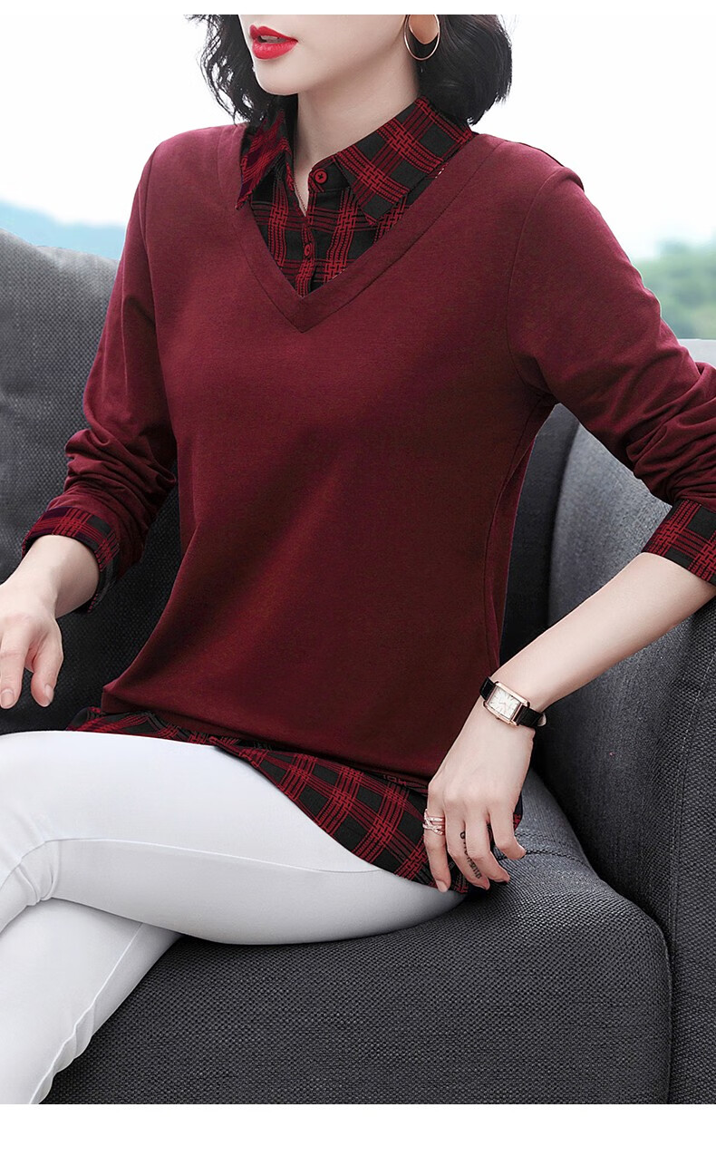 春秋装假拼接t恤女长袖衬衫领2021新款中年妈妈韩版女装休闲体恤衫