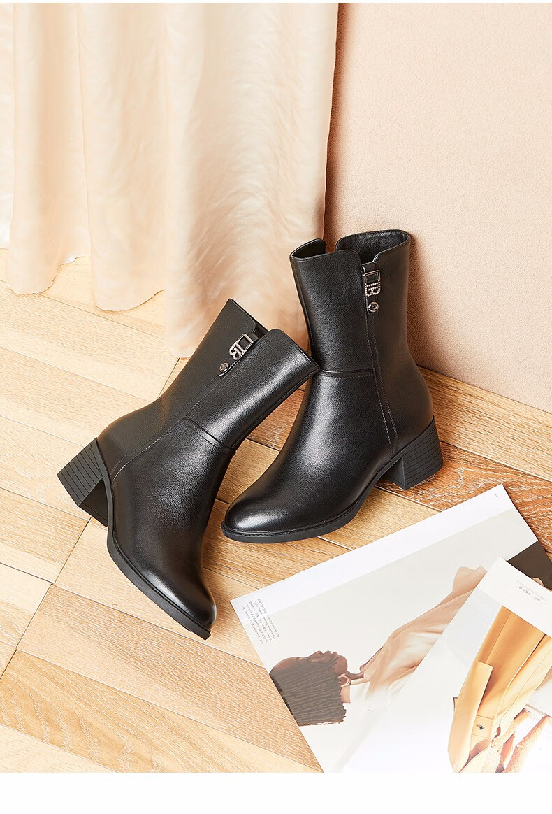 康奈女鞋2020年冬季女士新款女靴时尚水钻尖头侧拉链粗跟高跟中筒靴