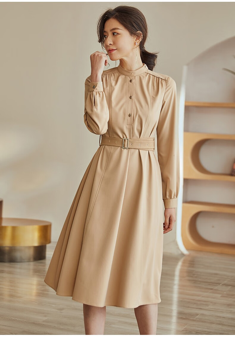 roeyshouse罗衣优雅大摆连衣裙春装气质卡其色腰带收腰中长裙03798