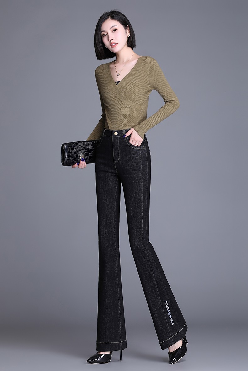 高腰微喇牛仔裤冬季加绒显瘦直筒长裤洋气女裤潮流喇叭裤黑色加绒款m