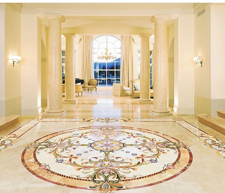 大理石别墅室内地面拼花客厅玄关电梯大厅地砖地板石材拼图电脑水刀