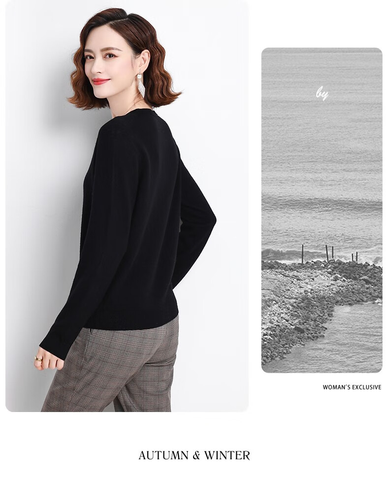 Hengyuanxiang 100% Pure Wool Sweater for Women, V-Neck Loose Base Layer, Autumn And Winter Warm Fashion Knit Sweater, Women's Top 19