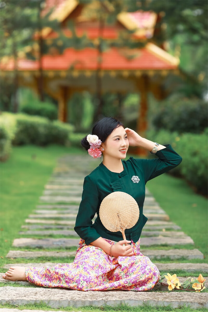 沙芭利西双版纳傣族服装经典传统碎花旅拍傣装东南亚风情绿色套装s