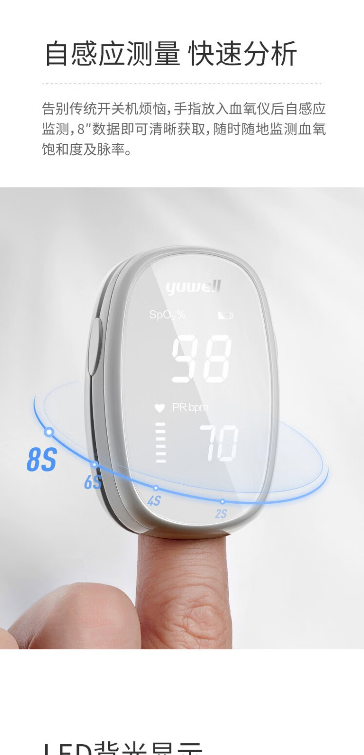 鱼跃yuwell血氧仪指夹式血氧饱和度脉搏检测器led显示全自动测量白色