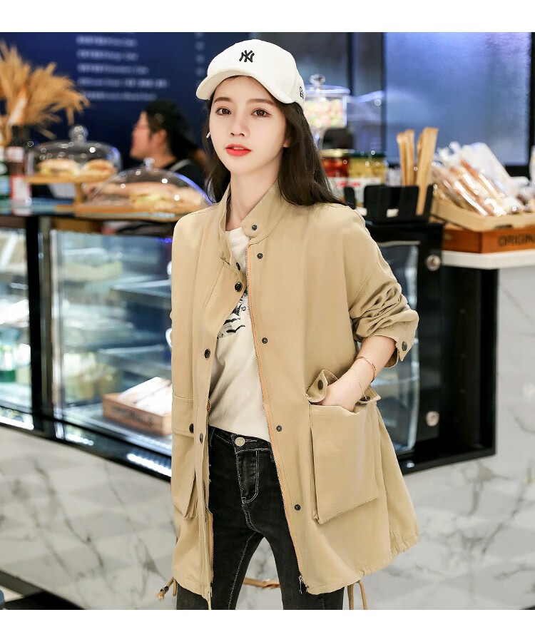 颂曼伊 外套女2021春装新款宽松中长款口袋洗水工装夹克外套女彩色